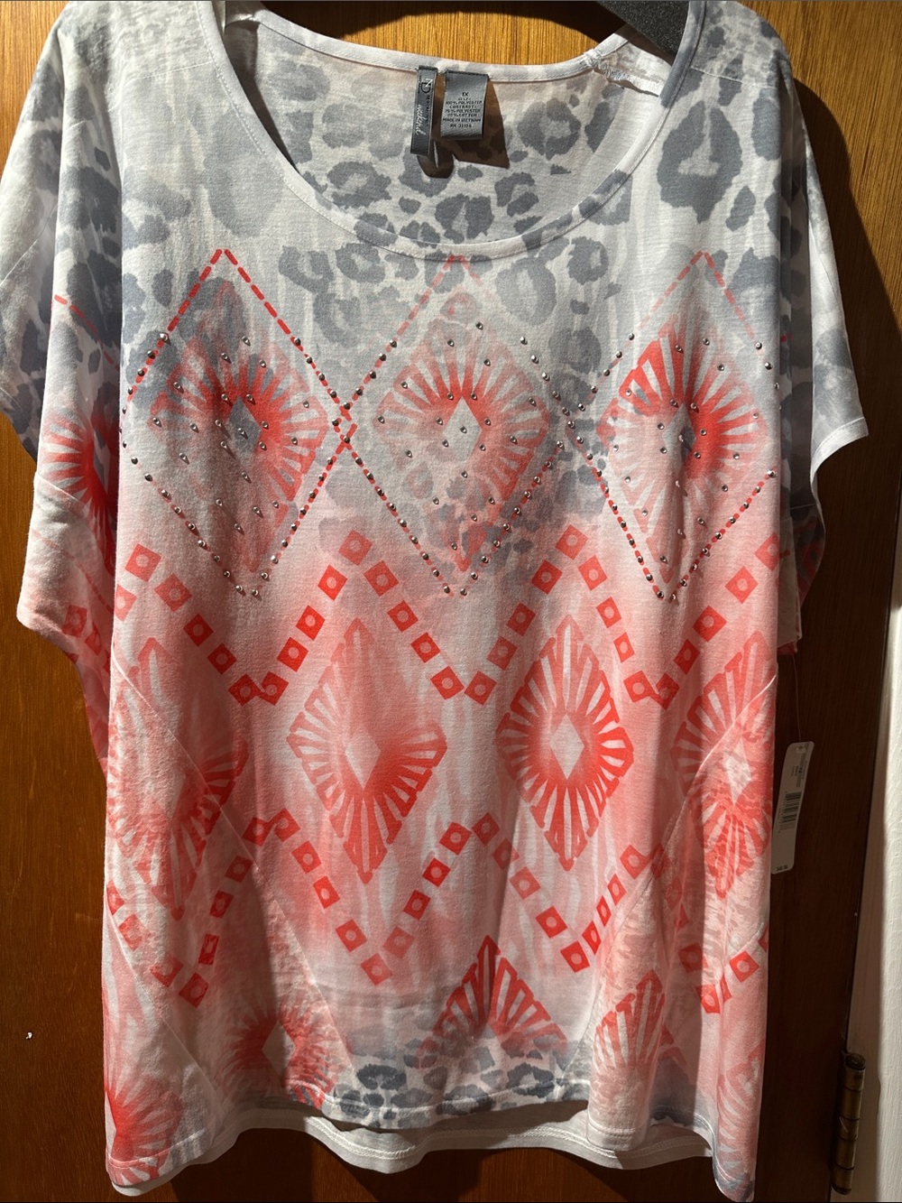 new directions Coral and Gray Short Sleeve Patterned Top with Rhinestones